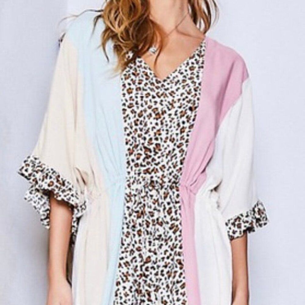 Main Strip Leopard Print Color Block V-Neck waist tie romper, size L